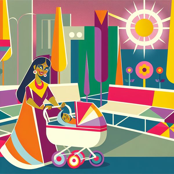 Moeder met Kinderwagen in een Stijlvol Park Een liefdevolle moeder duwt een kinderwagen met een baby door een kleurrijk park, omgeven door geometrische vormen.
