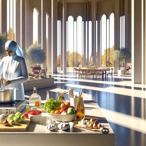 Hyper-realistische afbeelding van een moeder in de keuken Moeder kookt in een moderne keuken met een serene sfeer, omringd door verse ingrediënten.