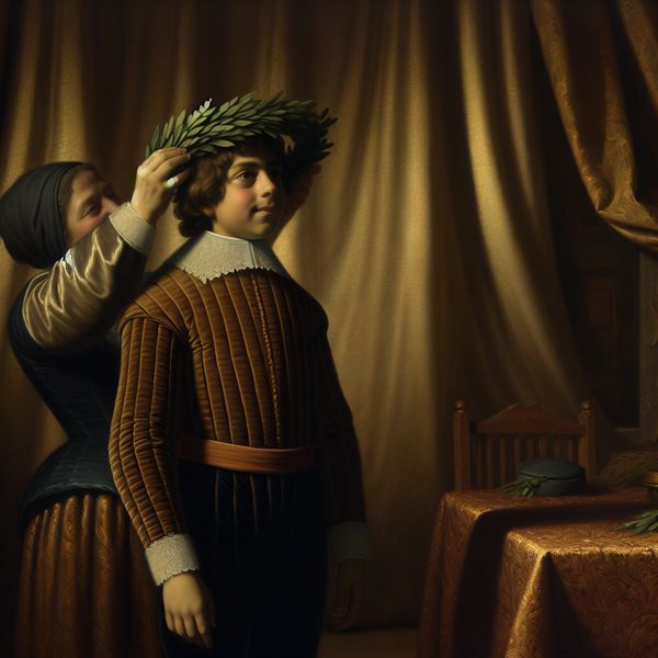 Trots en tevredenheid: moeder kroont zoon met lauwerkrans in klassieke stijl Moeder plaatst lauwerkrans op het hoofd van haar zoon in een intiem, warm verlicht interieur als symbool van trots en tevredenheid