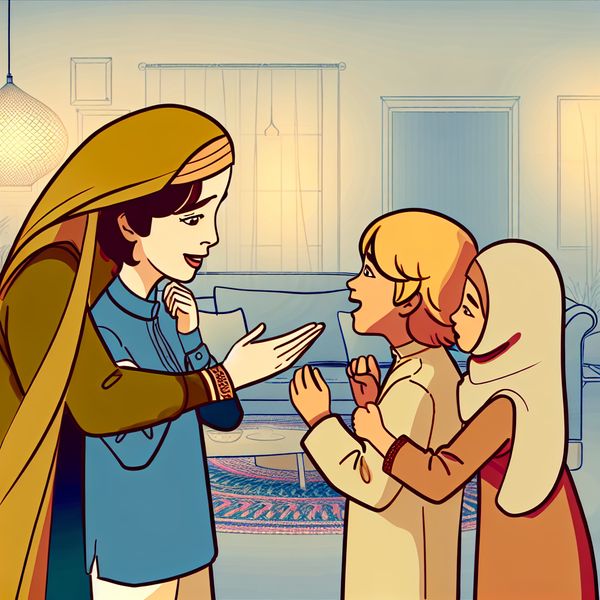 Moeder kust kinderen vaarwel in een warme woonkamer Een moeder kust haar kinderen liefdevol vaarwel in een gezellige woonkamer met zachte verlichting.