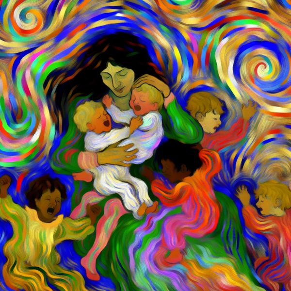 Moeder met Haar Kinderen - Abstracte Kunst Abstract expressionistische afbeelding van een moeder die haar kinderen koestert met levendige kleuren en dynamische penseelstreken.