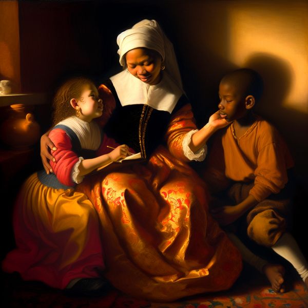 Moederlijke intentie en liefde - betekenis van 'bedoelen' in barokstijl Barokke voorstelling van een moeder met haar twee kinderen in een zonnige kamer, die tederheid en oprechte intentie uitstraalt als illustratie van het woord 'bedoelen'