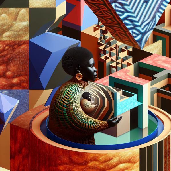 Moederlijke Zorg in Surrealistische Geometrische Landschappen Vrouwelijke figuur als beschermende, geometrische structuur boven een kwetsbaar figuur, met een surrealistische achtergrond van optische illusies