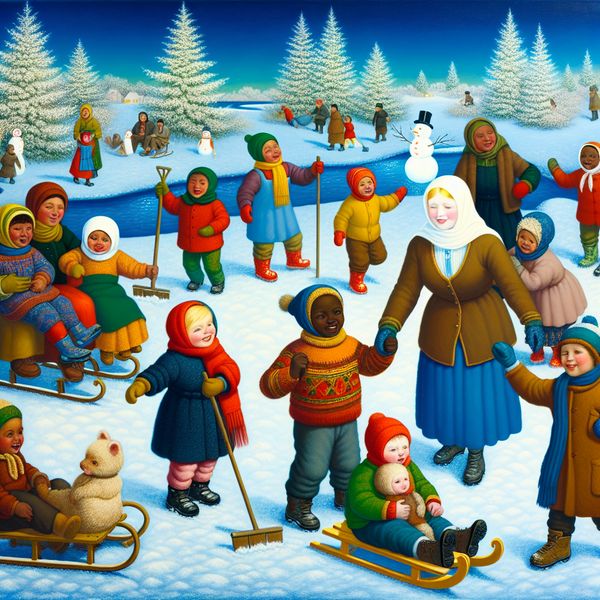 Moederlijke zorg in een winterse omgeving met kinderen Een zorgzame vrouw in warme kleding begeleidt een groep lachende kinderen tijdens winterse activiteiten in de sneeuw, met sleeën en sneeuwpoppen op de achtergrond.