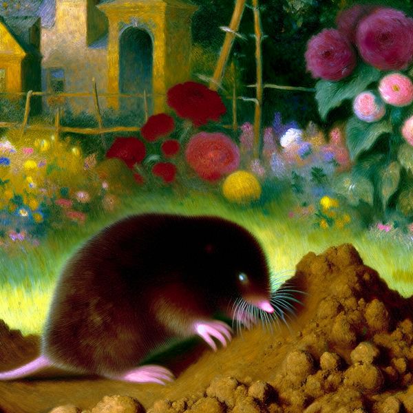Mole in Surrealistische Tuin - Ondergronds Leven van een Moedermol Een hyper-realistisch beeld van een mol die in de grond aan het graven is, omringd door een surrealistisch tuinlandschap met oversized bloemen en vervormde schaduwen.