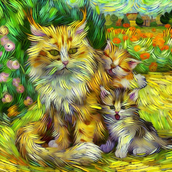 Moederpoes met schattige kittens in een kleurrijke tuin Een moederpoes met schattige kittens die knus samen in een tuin liggen