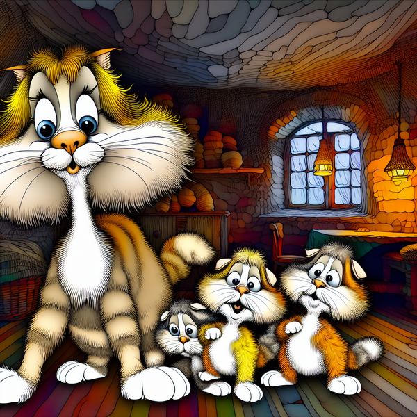 Speelse moederpoes met drie schattige, pluizige jonge katjes die achter haar aan lopen in een warme, gedetailleerde kamer