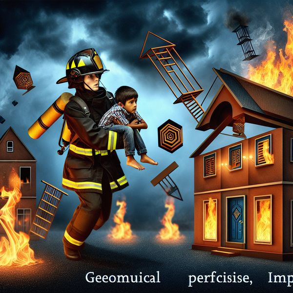 Surrealistische illustratie van een moedige brandweerman die een kind redt uit een brandend huis met onmogelijke Escher-achtige architectuur en geometrische vlammen
