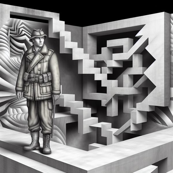 Surrealistische tekening in de stijl van M.C. Escher van een moedige man in een onmogelijke architectuur, symboliserend kracht en doorzettingsvermogen