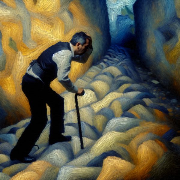 Persoon loopt moeizaam op een kronkelend pad na een operatie, leunend op een stok, in Van Gogh-stijl met expressieve penseelstreken