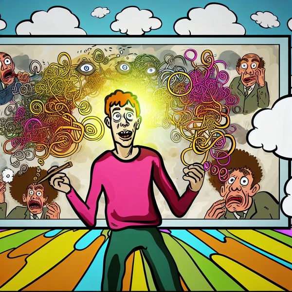 Cartoon van het moment van begrip in een speelse setting Een cartoonachtige scène van een persoon met een verwarde uitdrukking die helderheid krijgt over een belangrijk idee, omringd door denkbubbels met grappige afbeeldingen en een vrolijke achtergrond.