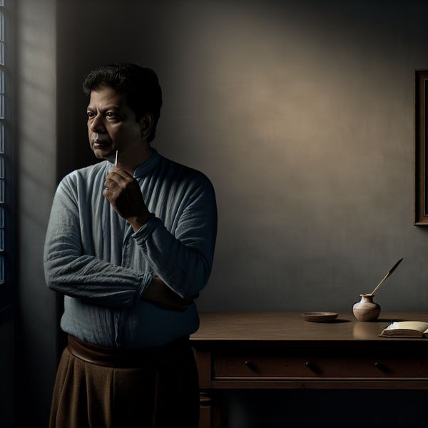 Middelbare man in contemplatie, staand in een zacht verlichte kamer met een notitieboek en ganzenveer, moment van realisatie vastgelegd in Vermeer-stijl