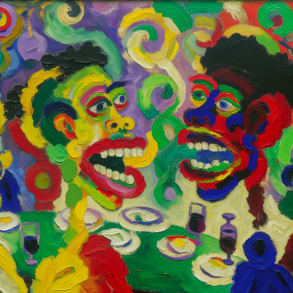 Mondelinge uitwisseling van gedachten - Abstracte conversatie in stijl van Karel Appel Abstracte voorstelling van twee mensen in een levendig gesprek met expressieve gezichten en dynamische penseelstreken in felle kleuren
