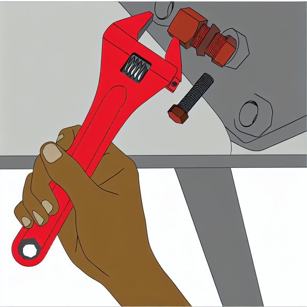 Illustratie losmaken bout met sleutel - Nederlands leren voor beginners Minimalistische illustratie van een monteur die een roestige bout losmaakt met een rode sleutel, stijl Dick Bruna