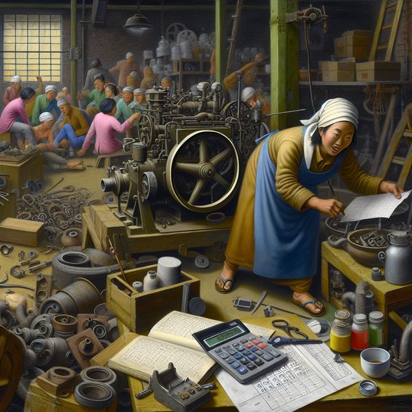 Mechanic working diligently on a large machine in a workshop, surrounded by tools and spare parts, highlighting maintenance costs.