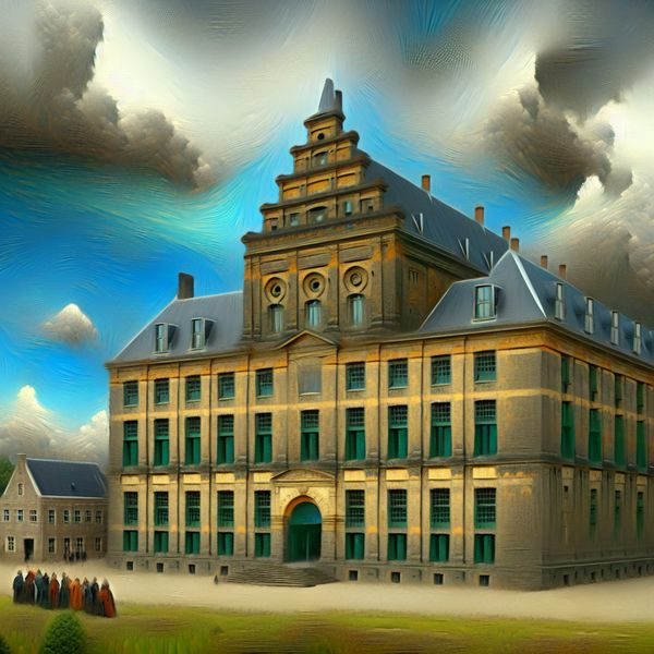 Monumentaal Gebouw met Subtiele Kleurvariatie in Surrealistisch Landschap Een hyper-realistisch beeld van een monumentaal gebouw met een subtiele kleurvariatie op de gevel, in een surrealistisch landschap met dramatische wolken.