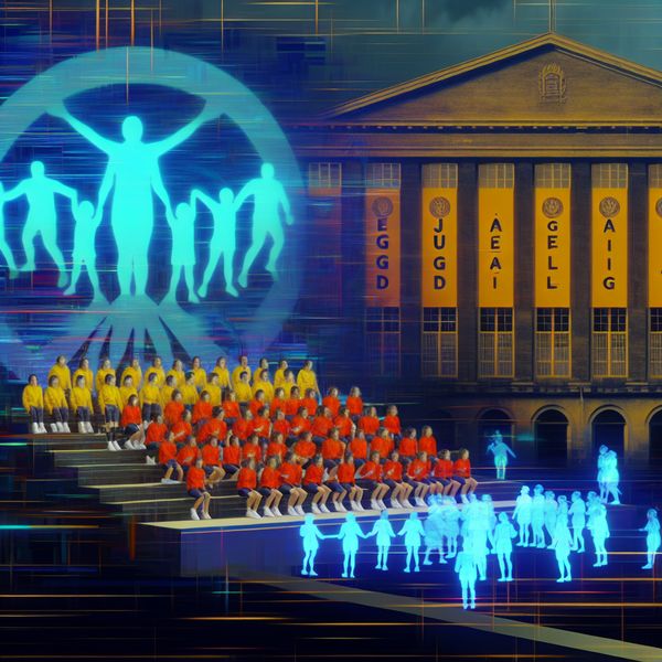 Een hyper-realistisch beeld van een monumentaal gebouw met een groep jonge mensen die enthousiast een evenement organiseren, met een banner 'Jeugd Afdeling'.