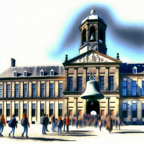 Schoolbel gaat bij schooluitgang Hyper-realistisch beeld van een monumentaal schoolgebouw met een grote oude schoolbel bovenop, terwijl studenten uit de ingang komen.