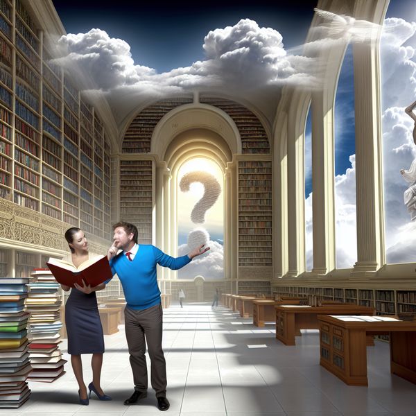Monumentale Bibliotheek en Kennisdeling Hyper-realistische afbeelding van een monumentale bibliotheek met talloze boeken, twee mensen die een levendig gesprek voeren en een surrealistisch uitzicht op buiten met vraagteken-clouds.