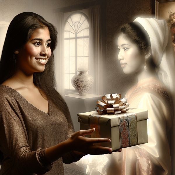 Mooi gebaar: Vrouw geeft cadeau Een jonge vrouw presenteert een prachtig ingepakt cadeau aan haar vriendin in een serene binnenomgeving.