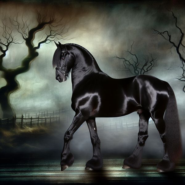 Mooie donkere Moor-paarden in mistige gothic landschap