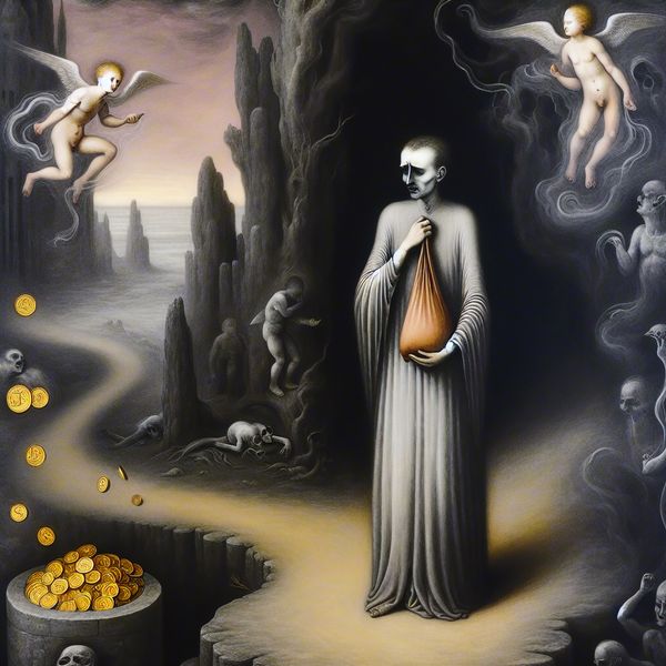 Moreel Conflict in een Gothic Scene met Gouden Munten Een figuur staat op een kruispunt met een kleine beurs vol gouden munten, naar de horizon starend in moreel conflict.