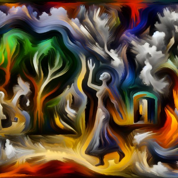 Moral Responsibility Towards Nature - Abstract Art Abstracte voorstelling van morele verantwoordelijkheid ten opzichte van de natuur met een persoon in expressieve houding.