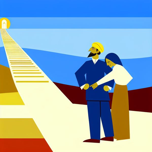 Minimalistische illustratie van twee personen waarbij de ene persoon de ander ondersteunt en aanmoedigt om een steile heuvel of trap te beklimmen, symbolisch voor motivatie en doorzettingsvermogen