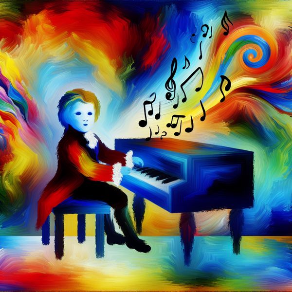 Mozart als muzikaal wonderkind - abstracte kunst over genialiteit en talent Abstract schilderij van jonge Mozart als muzikaal genie met kleurrijke muzieknoten en instrumenten rondom hem in expressieve stijl van Karel Appel