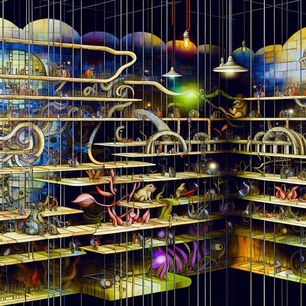 Surrealistisch kunstwerk van een multi-niveau technisch systeem in een fantasiegebouw, met vreemde wezens en machines op elke etage.