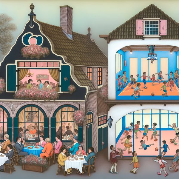 Een charmant gebouw met een restaurant en een gymzaal, met mensen die genieten van hun maaltijden en spelende kinderen.