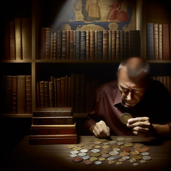 Muntverzamelaar in Historische Studie met Zeldzame Munt Muntverzamelaar onderzoekt een zeldzame munt in een historisch studeerkamer onder zacht licht.