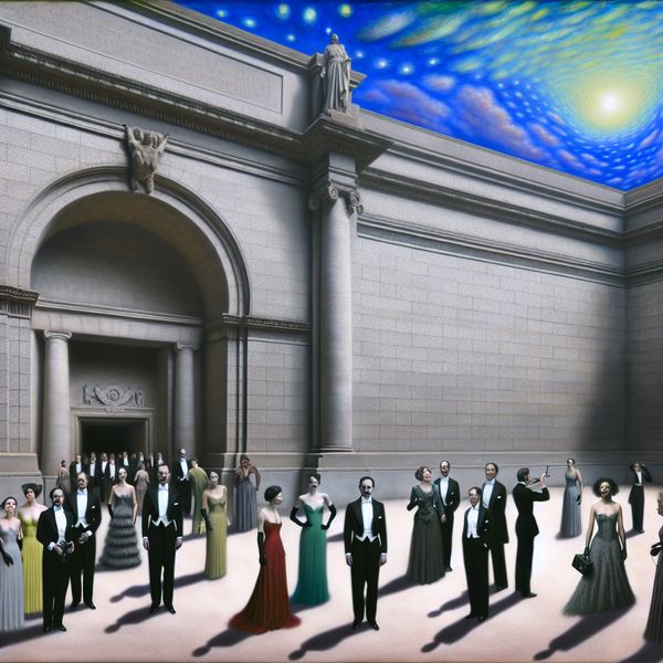 Hyper-realistische afbeelding van de imposante ingang van een museum, met elegant geklede mensen in de rij