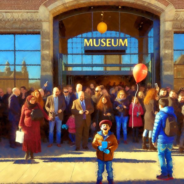 Drukke museumingang met bezoekers die glimlachend hun tickets tonen