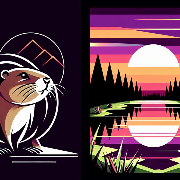 Muskusrat in serene omgeving bij zonsondergang Illustratie van een muskusrat aan de rand van een serene vijver, omringd door weelderige groene vegetatie en een kleurrijke zonsondergang.