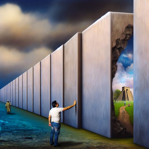 Hyper-realistische afbeelding van obstakels en dromen Een persoon bij een enorme muur die een obstakel symboliseert, met op de achtergrond een landschap vol mogelijkheden.