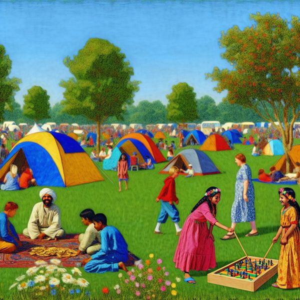 Zomer muziekfestival met kampeerders en vrolijke sfeer Een levendige muziekfestsfeertje met diverse mensen die in kleurrijke tenten kamperen op een groene weide.