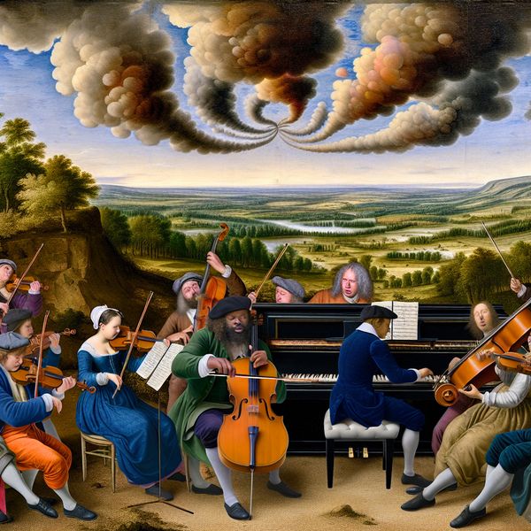 Muzikale Harmonieuze Landschap met Pianisten en Natuurlijke Schoonheid Een serene muzikale scène met musici rond een piano in een prachtig landschap.