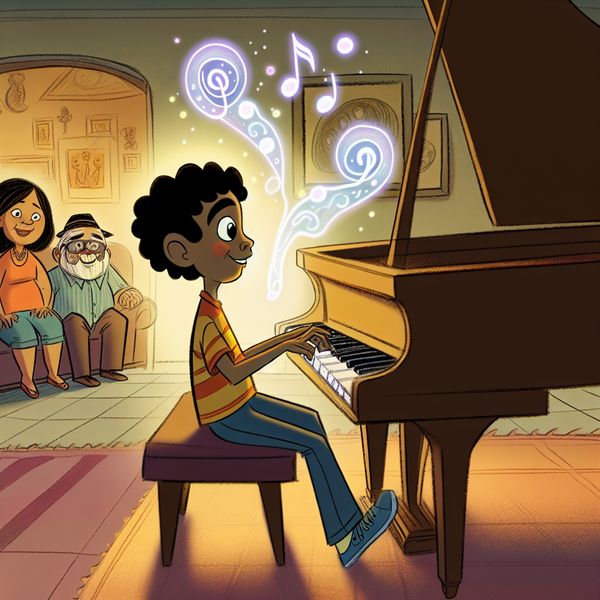 Muzikaal talent verschijnt: jongen speelt piano met zwevende noten Cartoonjongen speelt geconcentreerd piano terwijl muzikale noten als glinsterende bellen uit de piano verschijnen in een warme woonkamer
