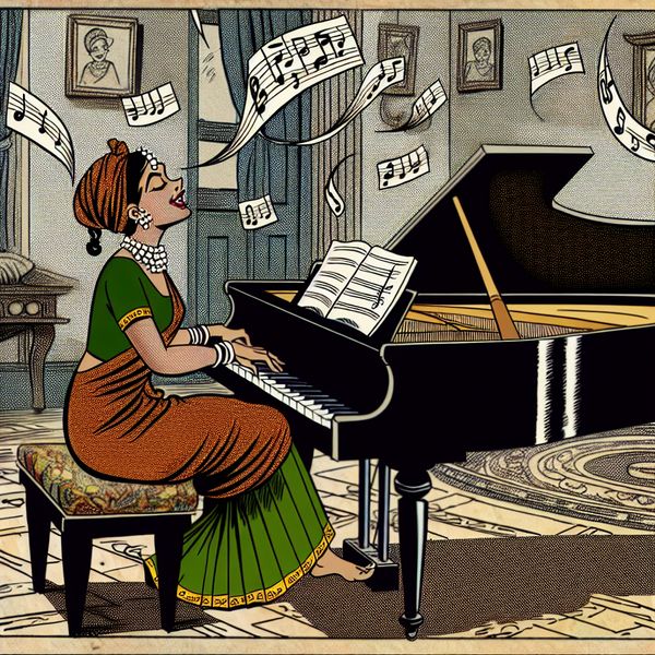 Muzikale Vaardigheid in Marten Toonder Stijl Cartoon in de stijl van Marten Toonder met persoon die piano speelt