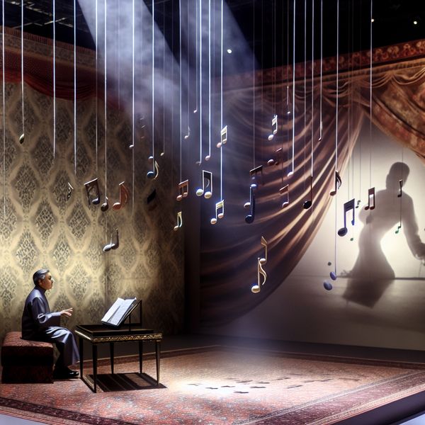 Elegant Muzikant Performing met Muzikale Noten Muzikant die zingt in een elegante setting, omringd door zwevende muzikale noten in verschillende kleurnuances.