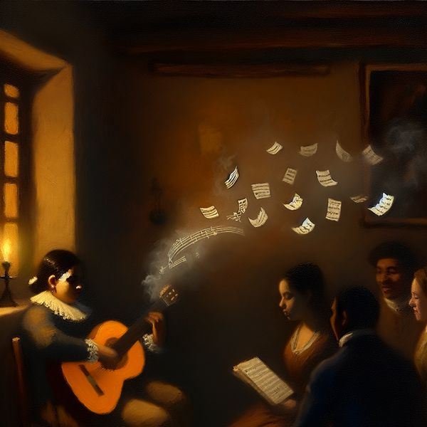 Muziek en rust: Een muzikant in een sfeervolle kamer Een muzikant die gitaar speelt in een sfeervolle, gedimde kamer, met notities en bladmuziek die langzaam de lucht in zweven, omringd door ontspannen luisteraars die genieten van de ambiance.