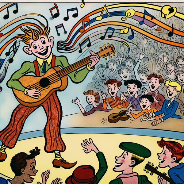 Muzikant Inspireert Jonge Artiesten Op Podium Cartoon scène van een muzikant op het podium, omringd door jonge artiesten die gefascineerd naar zijn gitaarspel kijken, met kleurrijke geluidsgolven die zich verspreiden.