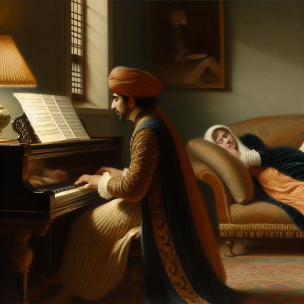 Elegante pianist in rustige interieursetting Een muzikant speelt een zachte melodie op een vle piano in een elegante interieursetting.
