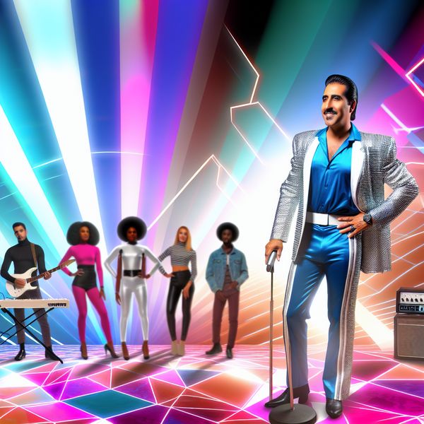 Muzikant in retro-futuristische setting met publiek Een muzikant staat in de schijnwerpers omringd door een enthousiast publiek in een retro-futuristische sfeer met abstracte kleuren en geometrische patronen.