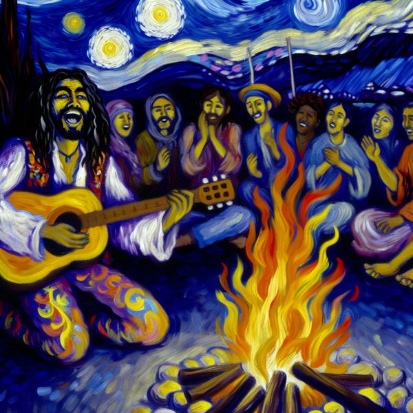 Muzikant speelt gitaar en zingt onder sterrenhemel Een muzikant met lang haar in een kleurrijk bohemian outfit speelt gitaar en zingt onder een sterrenhemel bij een kampvuur, omringd door enthousiaste luisteraars die meeklappen en zingen.
