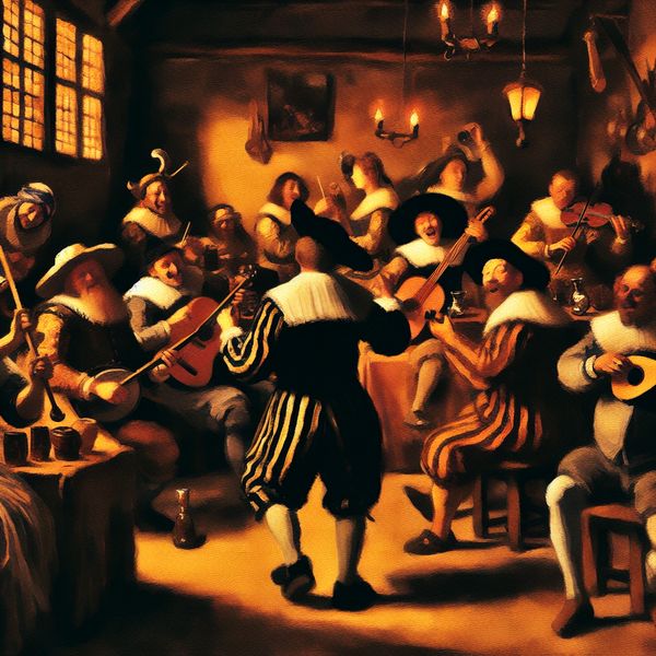 Muzikaal ensemble in Nederlandse taverne - samenwerking en teamgeest 17e-eeuwse muzikanten die samen spelen in een gezellige Nederlandse taverne, geschilderd in de levendige stijl van Frans Hals