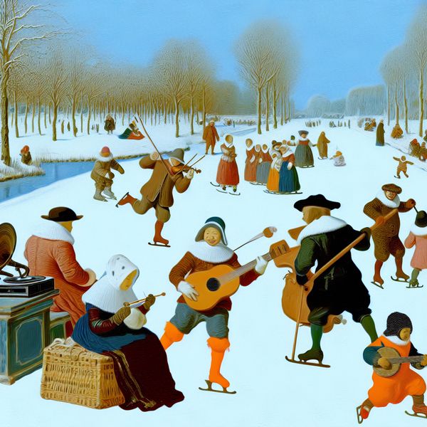 Muzikanten in winterlandschap - Creatieve elementen in muziek en kunst Vibrante winterlandschap met muzikanten die een levendige optredens geven te midden van een besneeuwd decor