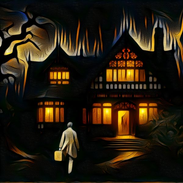 Mysterieus Huis tijdens Schemering met Warm Licht en Gothic Elementen Een mysterieuze huiselijke scène met een figuur die naar een huis loopt, verlicht door warme lichten terwijl de duisternis toeneemt.