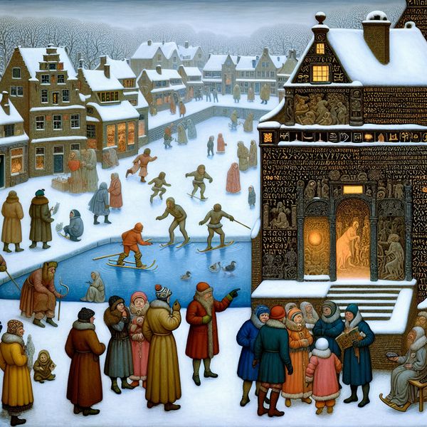 Mysterieus wintertafereel met tempel en cryptische symbolen - Nederlandse taal en cultuur Wintertafereel met een geheimzinnig besneeuwd tempeltje aan een bevroren kanaal, waar mensen mysterieuze inscripties bestuderen, in de stijl van Hendrick Avercamp